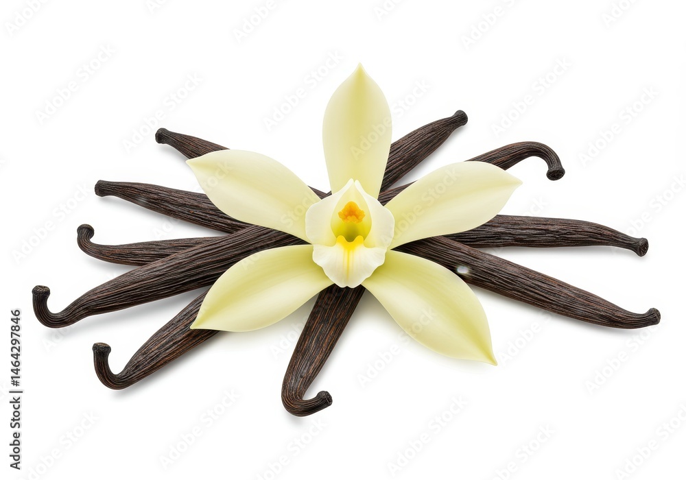 Poster vanilla flower blossom with pods arranged around it on a white background, creating a visually appea