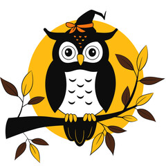 Halloween owl wearing a witch hat sitting on a branch with a yellow circle background