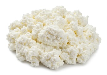 Heap of fresh, white cottage cheese with visible curds, isolated on a white background, offering a close-up view