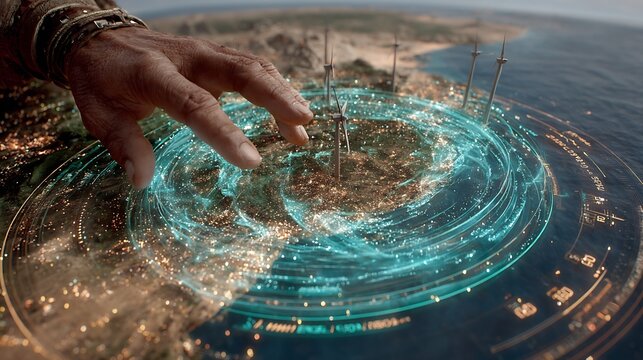 Coastal City Hologram Mans Touch with Futuristic Tech. - Powered by Adobe