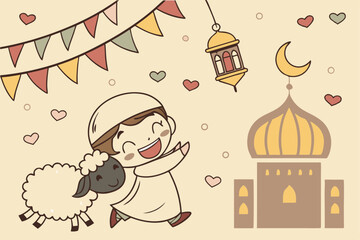 42 Eid Al-Adha Mubarak greeting card, joyful cartoon boy in traditional clothing, cute cartoon sheep, colorful festive bunting, Islamic lantern, golden mosque silhouette, beige textured background, ha