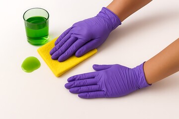 purple gloves cleaning with yellow cloth and green liquid spill on surface colorful cleaning concept