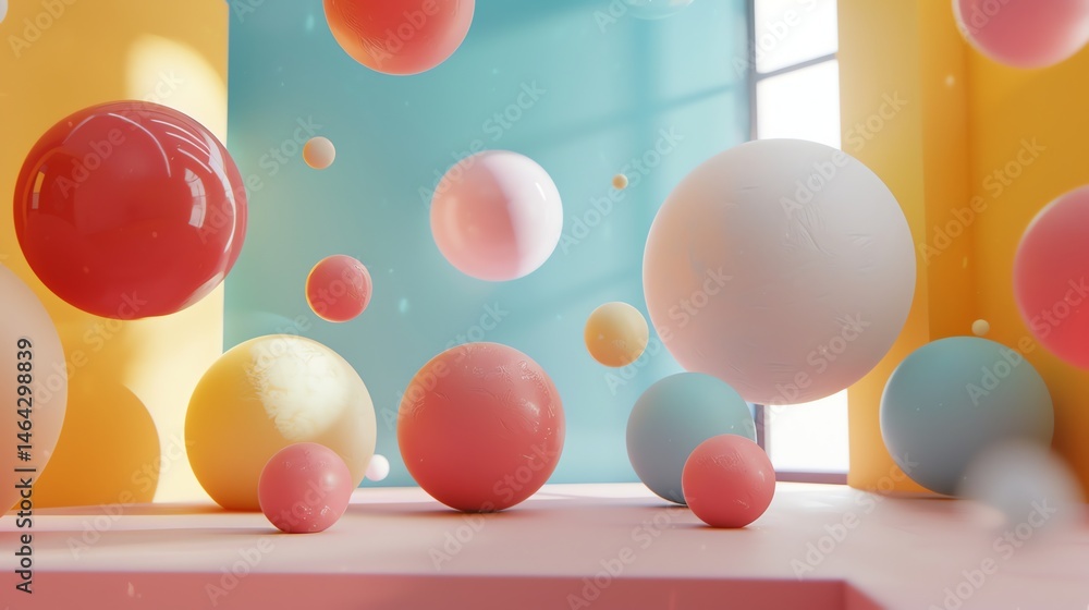 Poster 3d rendering of a colorful and playful scene with a variety of spheres floating in a bright and airy