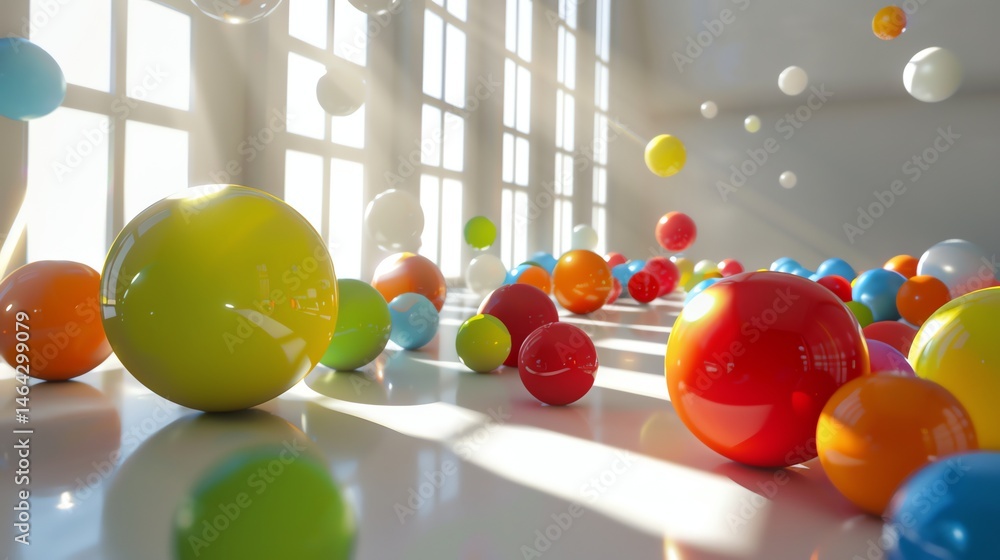 Poster 3d rendering of a brightly lit room with colorful balls scattered on the floor and floating in the a