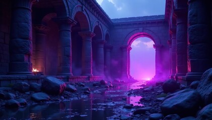 Flickering purple flame, otherworldly glow in ancient ruins , occult, vintage