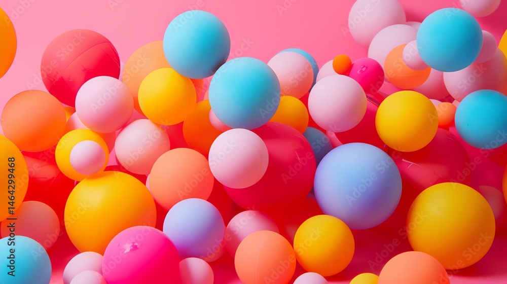 Poster 3d rendering of a bunch of colorful balls. the balls are of different sizes and colors, and they are