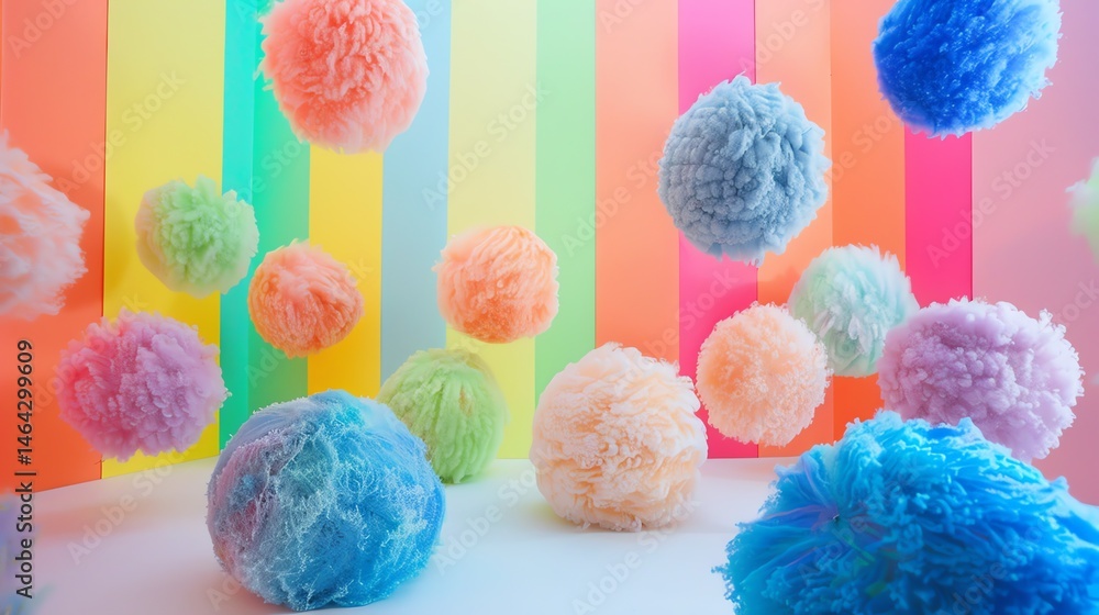 Poster colorful 3d rendering of fluffy balls floating in a matching striped background.
