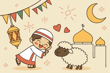 42 Eid Al-Adha Mubarak greeting card, joyful cartoon boy in traditional clothing, cute cartoon sheep, colorful festive bunting, Islamic lantern, golden mosque silhouette, beige textured background, ha