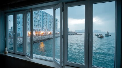 Obraz premium Window view to city by sea
