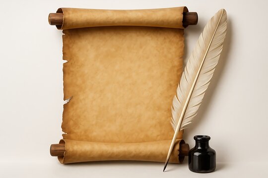 antique scroll with feather quill and ink bottle vintage parchment paper with torn edges historical writing setup display
