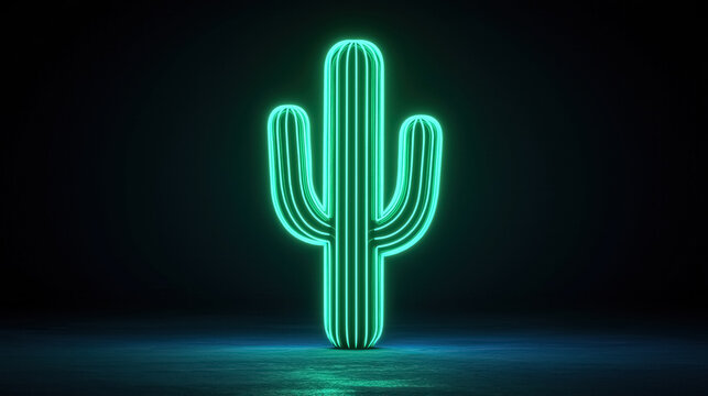 Neon green cactus outline glowing on a black background - Powered by Adobe