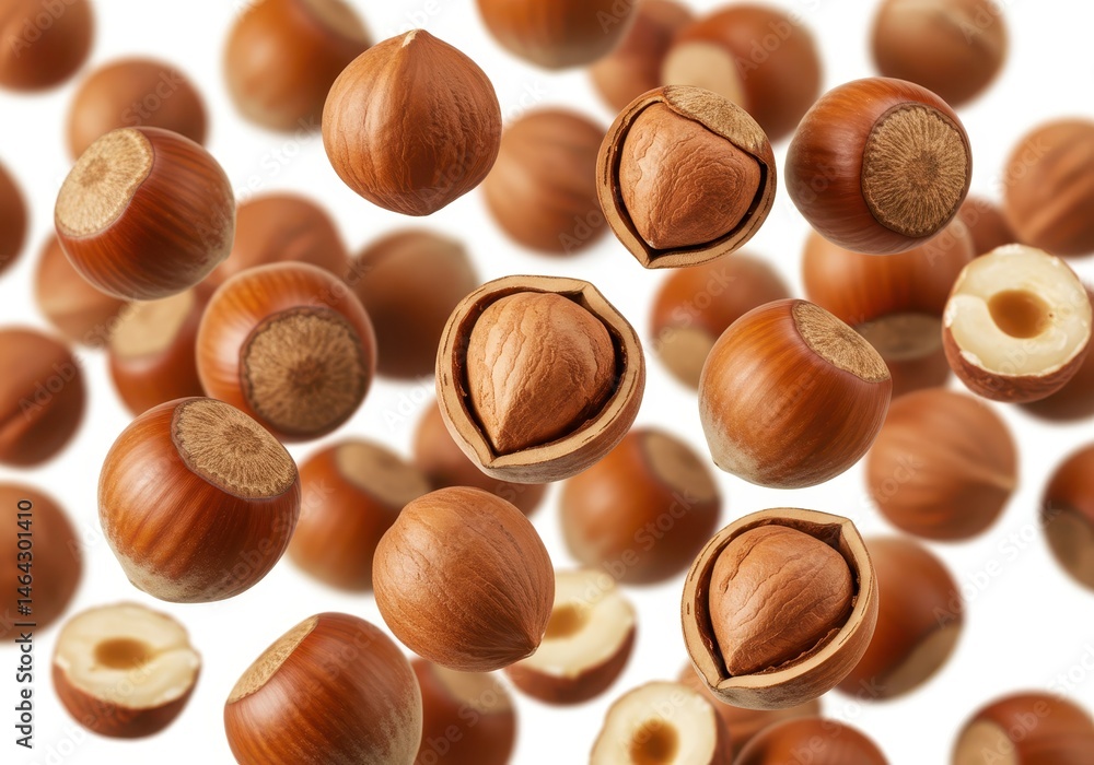 Aufkleber hazelnuts with and without shells scattered on a white background, some cut in half to reveal the nu