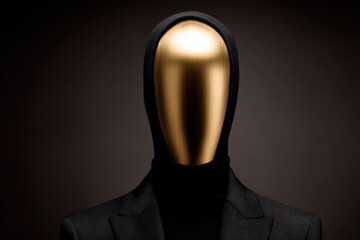 A striking golden faceless mannequin in a sleek black suit stands against a dimly lit background creating a captivating visual of elegance and enigma in fashion isolation