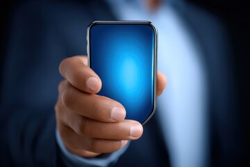 Professional individual showcasing a modern smartphone with a blue screen highlighting digital connectivity and innovation in a stylish corporate environment creating a sense of technological