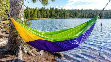 Vibrant Hammock by Calm Lake Under Sunny Sky
