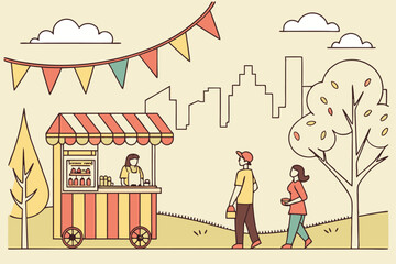 44 Street food festival, colorful food cart, popcorn vendor, vibrant bunting flags, cityscape background, bustling crowd, cheerful atmosphere, outdoor event, summer celebration, cartoon style illustra