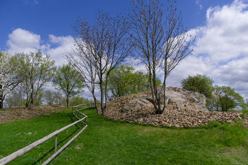View of spring landscape with blossoming trees. Sosuvka village, South Moravia, Czech Republic.
