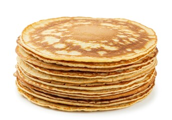 Stack of golden brown pancakes piled high on a white surface, ready for breakfast or brunch