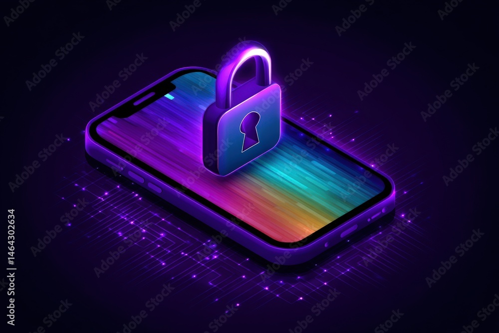 Poster digital security concept with illuminated smartphone screen showcasing a padlock symbol representing