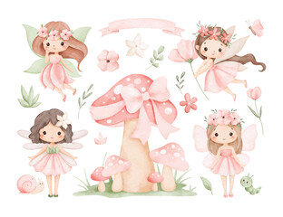 Watercolor Illustration Set of Beautiful Garden Fairy with Mushroom House and Floral Elements