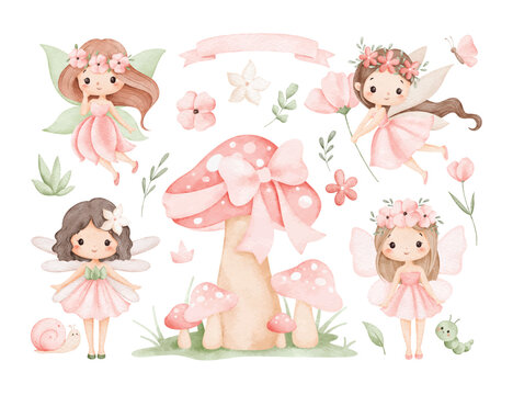 Watercolor Illustration Set of Beautiful Garden Fairy with Mushroom House and Floral Elements