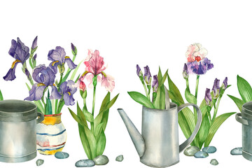 Seamless watercolor floral border. Flowers irises pink, purple, watering can, saucepan, vase with flowers, pebbles, flower buds. All objects are hand painted with watercolor. For printing on fabric.