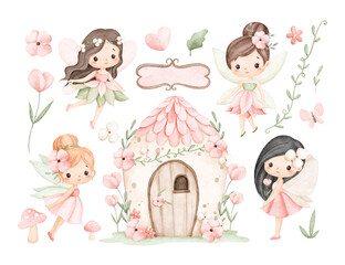 Watercolor Illustration Set of Beautiful Garden Fairy with Fairy House and Floral Elements