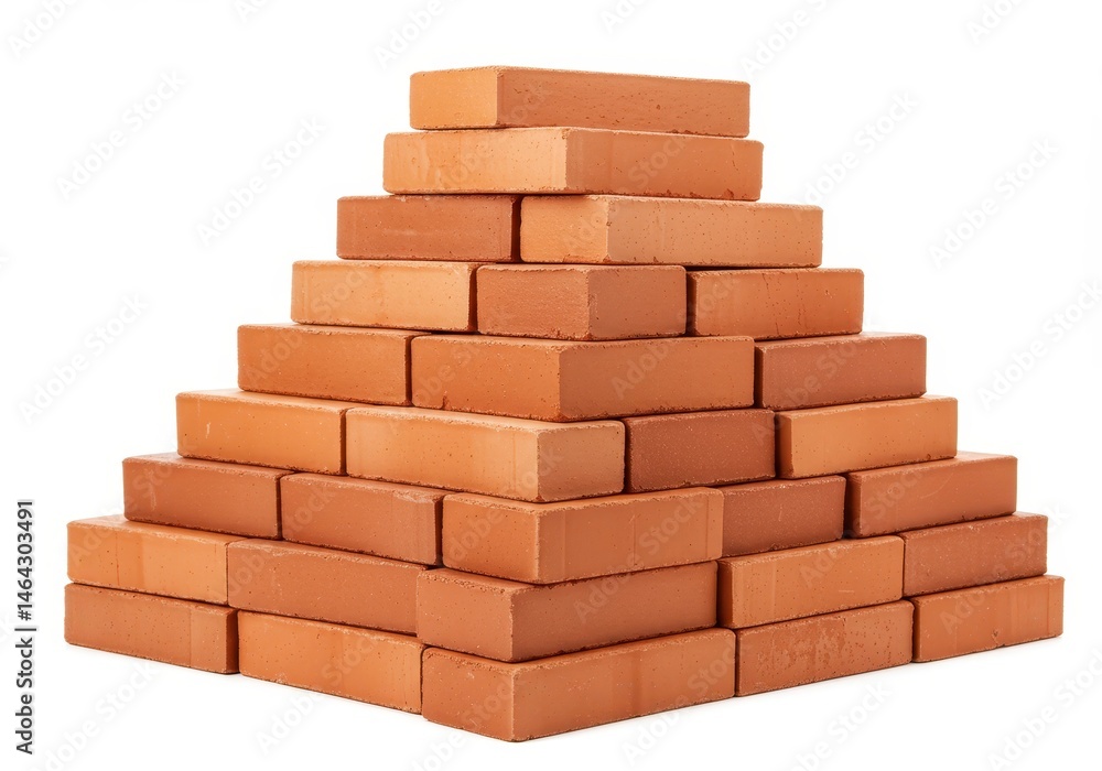 Poster pyramid structure of red bricks stacked on top of each other against a white background in a studio 