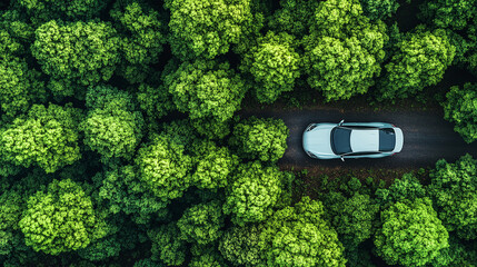 Aerial view of a car in a green forest. Eco-friendly transport. Concept of clean and greenhouse-free green transport in electric drive mode.