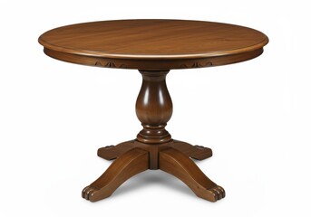 Round wooden pedestal table with carved details and claw feet on a white background in a studio shot
