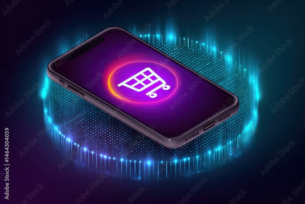 Poster mobile e-commerce application displayed on a sleek smartphone with glowing digital interface represe