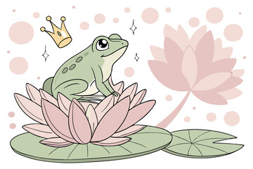 45 Green tree frog, golden crown, pink lotus flower, water lily pad, bokeh background, dewdrops, fairy tale atmosphere, whimsical, nature photography, macro shot, soft lighting, dreamy, pastel colors,