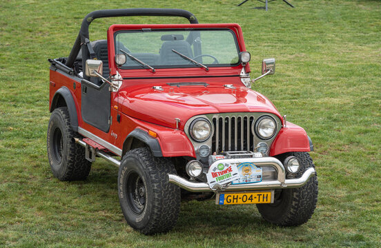 Tiel, The Netherlands, 04.05.2025, Classic open-bodied off road vehicle Jeep CJ7 from 1981 at Betuwse Fruitrit