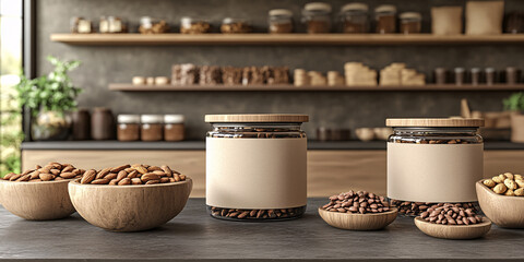 Fototapeta premium Wooden bowls of almonds and glass jars filled with nuts on a counter in a rustic store.