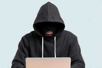 Mysterious individual cloaked in black hoodie focused on laptop screen representing digital anonymity and cybersecurity threats highlighting the importance of online safety and awareness