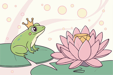 45 Green tree frog, golden crown, pink lotus flower, water lily pad, bokeh background, dewdrops, fairy tale atmosphere, whimsical, nature photography, macro shot, soft lighting, dreamy, pastel colors,