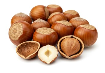 Pile of hazelnuts with shells, one halved and one shelled on a white surface in a close-up shot