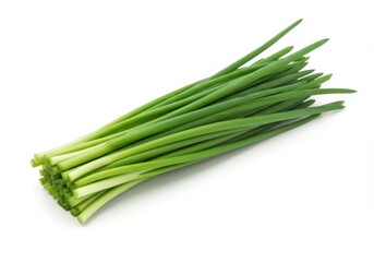 Isolated bunch of fresh green chives on a white surface, ready for culinary use in cooking and flavoring dishes
