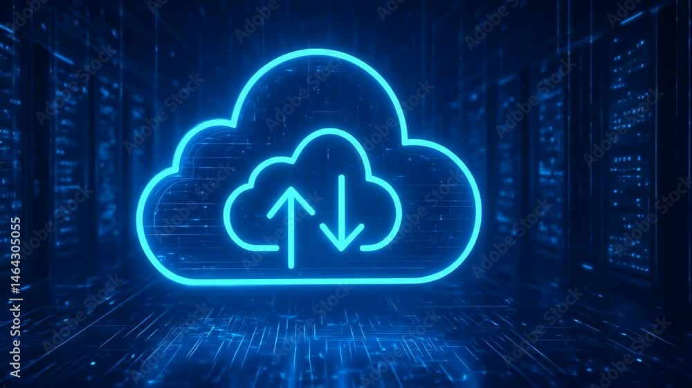 Poster digital cloud upload and download symbol in futuristic setting