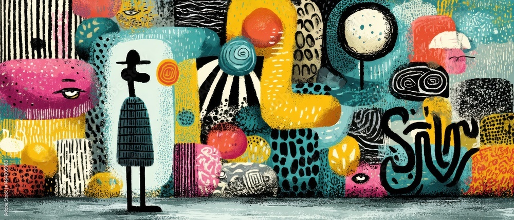 Poster abstract figure in a surreal landscape with vibrant colors and bold patterns conceptual art piece wi