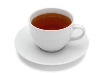 A cup of dark tea sits on a white saucer against a clean, bright white background in a simple composition