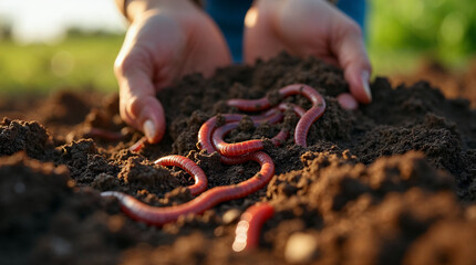 Unrecognizable hands holding worms in fertile soil, promoting permaculture