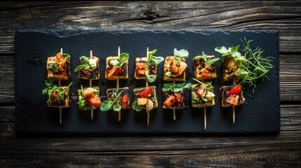 Fototapeta premium Canaps arranged symmetrically on a black slate serving plate