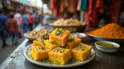 Traditional Indian Street Food Featuring Dhokla Delicacy