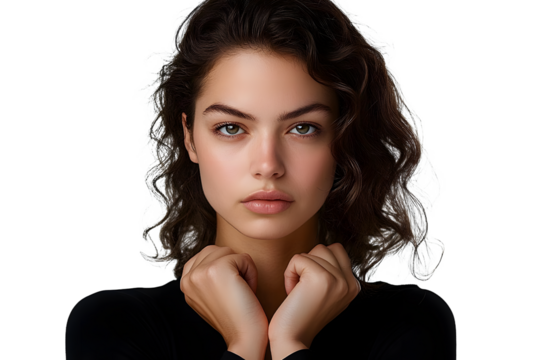 Angry woman with serious face isolated on transparent background