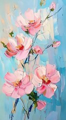 An oil painting of pink and peach flowers with impasto on a light blue background.