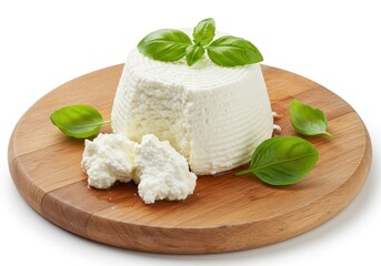 Ricotta cheese with basil leaves on a wooden board presents a fresh and inviting culinary scene