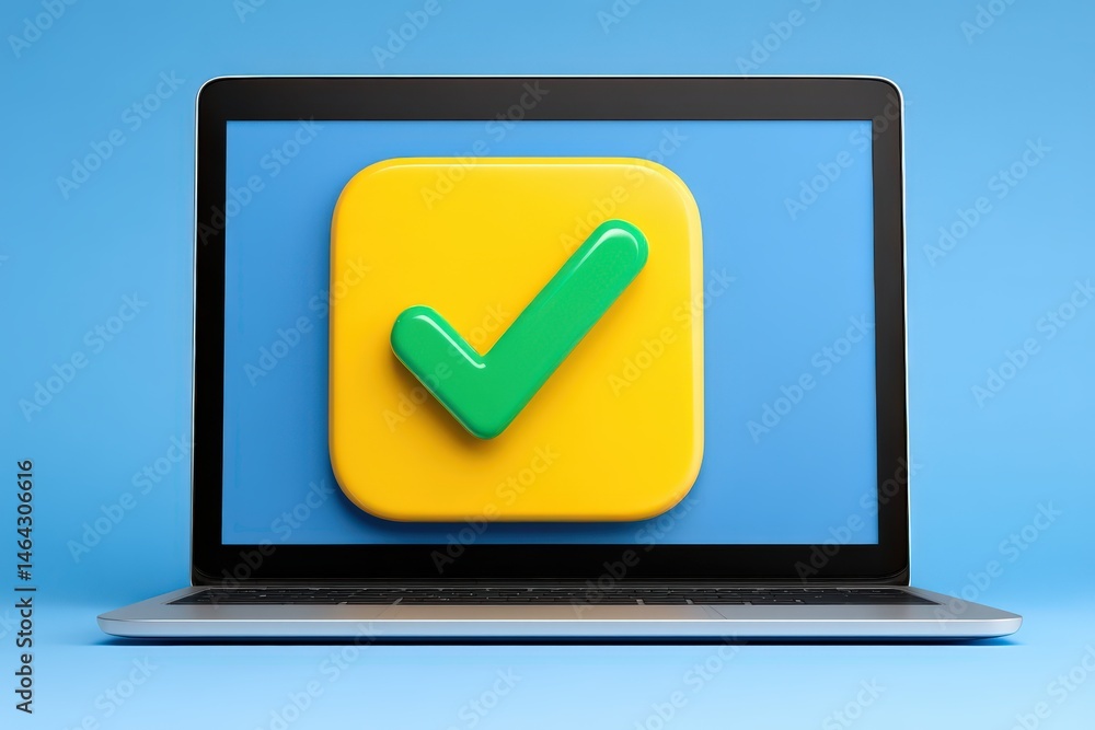 Poster vibrant visual representation of a modern laptop displaying a green check mark on a yellow backgroun