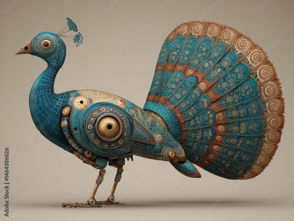 Poster detailed steampunk peacock design with intricate patterns.