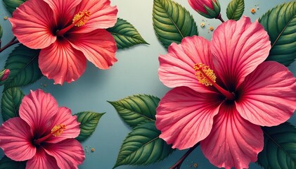 Obraz premium Intricate hibiscus details, elegant floral arrangement, repeating design, illustration, blossom